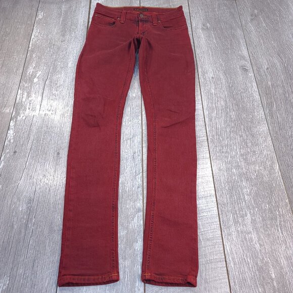 Nudie Jeans Women's 26x34 Red Tight Long John Skinny Leg Low Rise Denim Pants - Picture 2 of 10